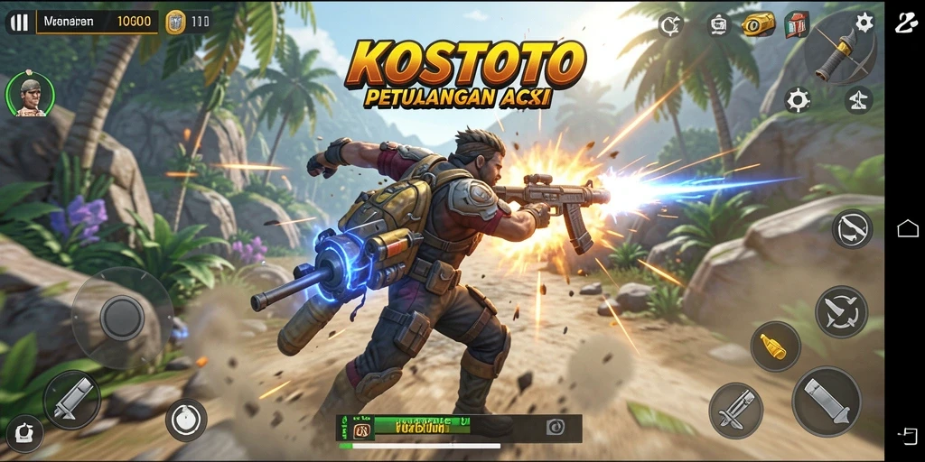 Tangkapan layar utama KOSTOTO menunjukkan aksi yang mendebarkan di dunia penuh tantangan.