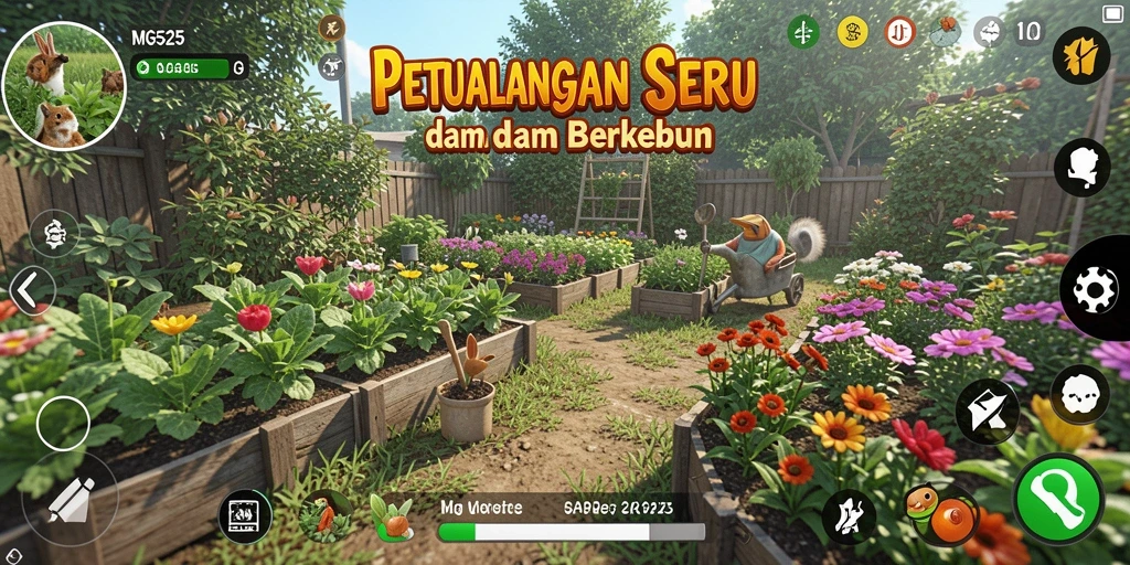 Tampilan gameplay MG525 dengan kebun yang subur dan hewan ternak.