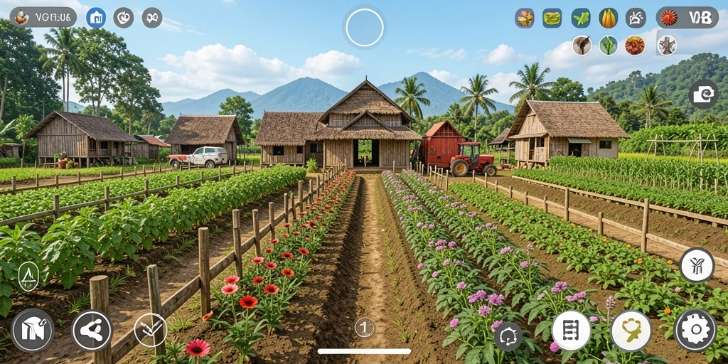 Tampilan gameplay V98 yang menarik dan seru saat bermain pertanian.